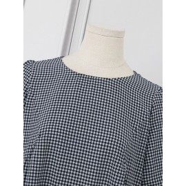 Women Gingham Plaid Crew Neck Casual Short Sleeve Dress