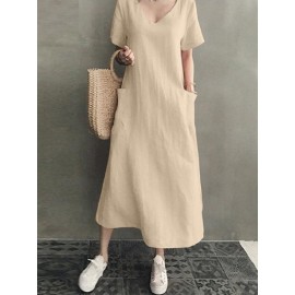 Vintage Short Sleeve V Neck Pockets Dress