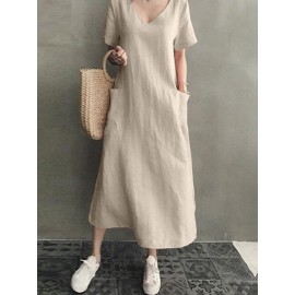 Vintage Short Sleeve V Neck Pockets Dress