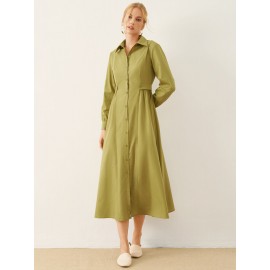 Solid Long Sleeve Button Front Lapel Shirt Dress