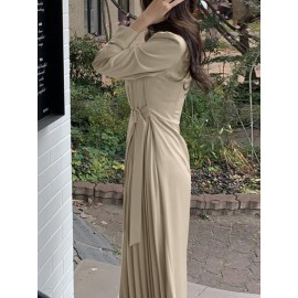 Solid Irregular Pleated Adjustable Belt Long Sleeve Dress