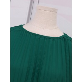 Women Solid Pleated Crew Neck Casual Short Sleeve Dress