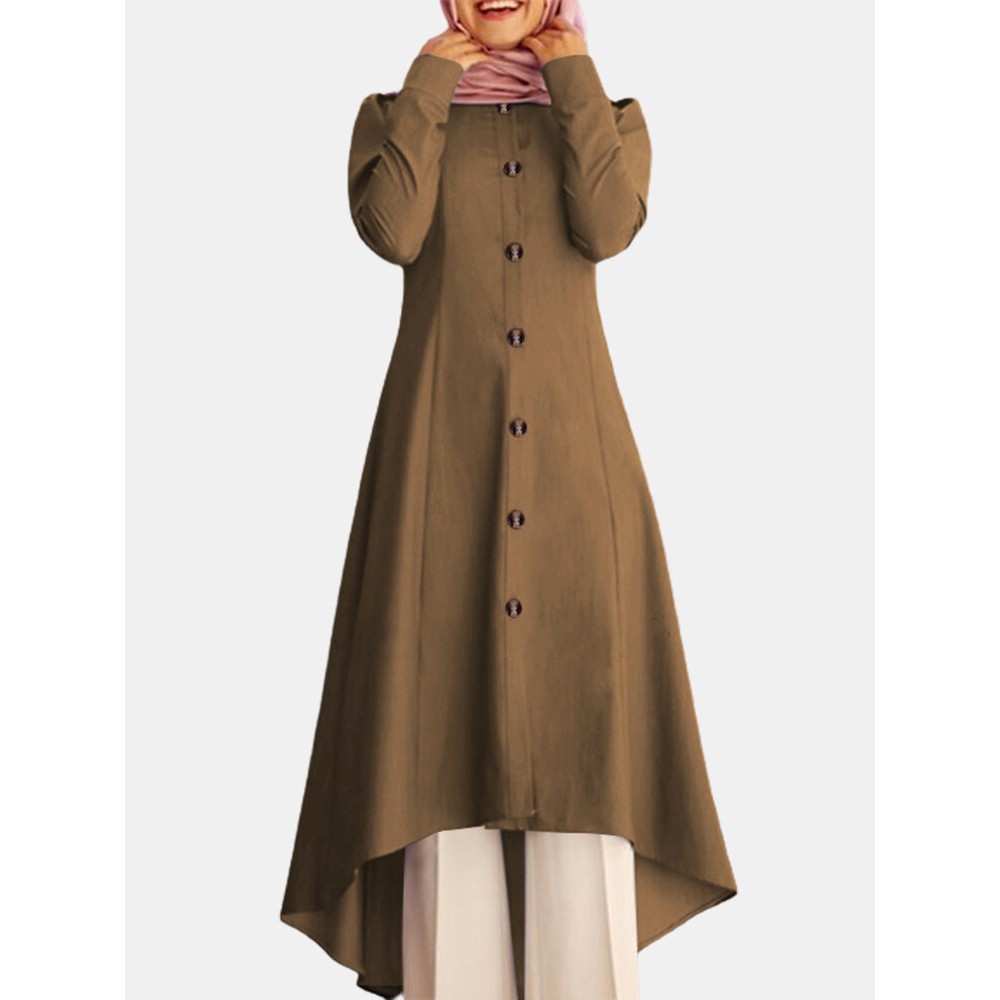 Solid Color Button Curved Hem Casual Muslim Dress for Women