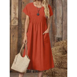 Women Solid Pleated Crew Neck Double Pocket Casual Dress