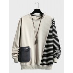 Mens Striped Patchwork Flap Pocket Crew Neck Pullover Sweatshirts Winter