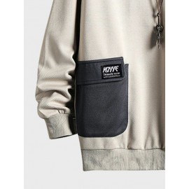 Mens Striped Patchwork Flap Pocket Crew Neck Pullover Sweatshirts Winter