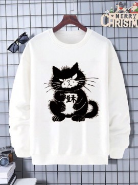 Mens Cat Graphic Crew Neck Casual Pullover Sweatshirts Winter
