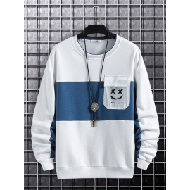 Mens Smile Face Print Patchwork Crew Neck Pullover Sweatshirts Winter