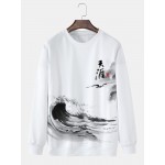 Mens Chinese Ink Painting Print Crew Neck Pullover Sweatshirts Winter
