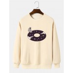Mens Cartoon Astronaut Planet Print Crew Neck Pullover Sweatshirts