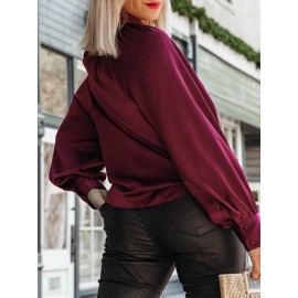 Women Satin Keyhole Neck Plain Casual Long Sleeve Blouse
