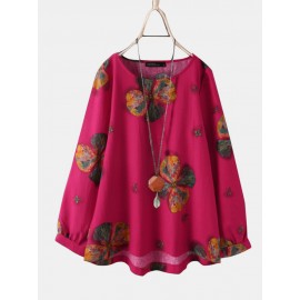 Calico Print O-neck Long Sleeve Casual Blouse For Women