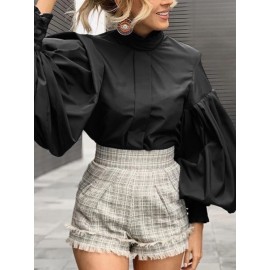 Solid Color Long Lantern Sleeve Ruffle Shirt For Women
