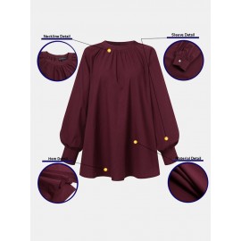 Solid Color Puff Sleeve Stand Collar Blouse