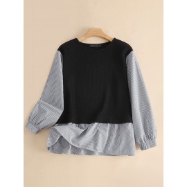 Women Stripe Patchwork Crew Neck Casual Long Sleeve Blouse