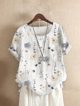 Women Vintage Floral Plant Print Crew Neck Short Sleeve Blouse