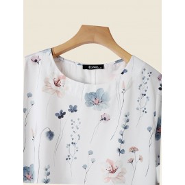 Women Vintage Floral Plant Print Crew Neck Short Sleeve Blouse