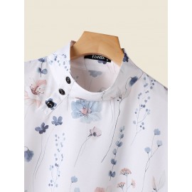 Women Floral Print Button Neck Design Short Sleeve Blouse