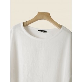 Women Solid Crew Neck Cotton Drop Shoulder Loose Blouse