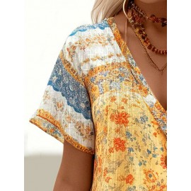 Women Ethnic Vintage Print V-Neck Short Sleeve Blouse