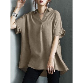 Women Solid Johnny Collar Casual Short Sleeve Blouse