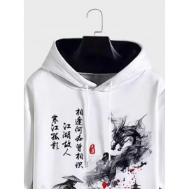 Mens Chinese Figure Landscape Print Patchwork Drawstring Hoodies Winter